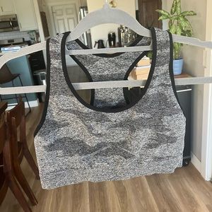 Gray/black razor back sports bra.
